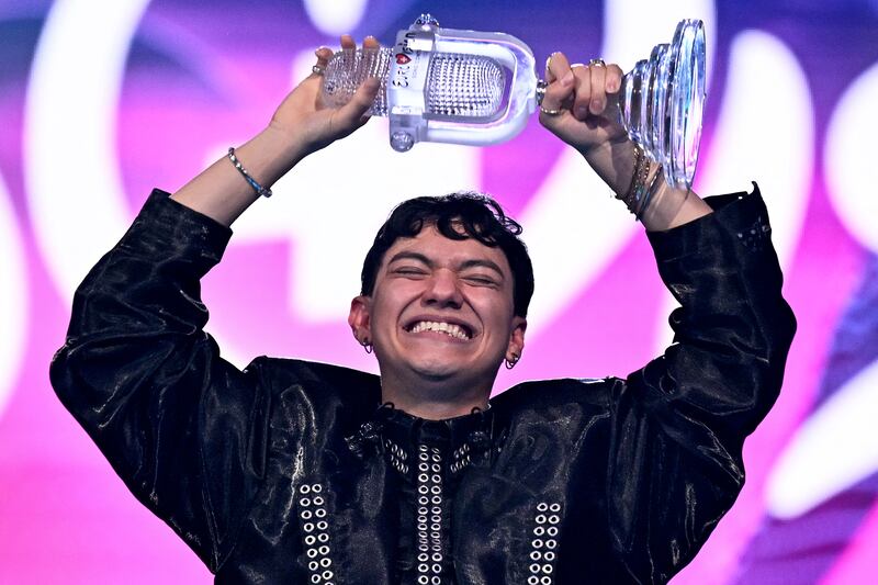 Austrian singer Johannes Pietsch, known as JJ,  celebrates winning the 2025 Eurovision Song Contest final with the song Wasted Love at the St Jakobshalle arena in Basel, Switzerland. Photograph: Fabrice Coffrini/AFP/Getty