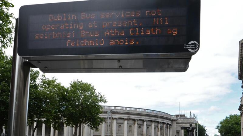 An electronic sign at College Green indicating the cessation of  services due to strike action at Dublin Bus. Photograph: Eric Luke/The Irish Times