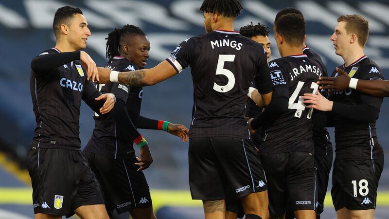 Aston Villa’s Dutch striker Anwar El Ghazi celebrates scoring at Elland Road. Photograph: Getty Images
