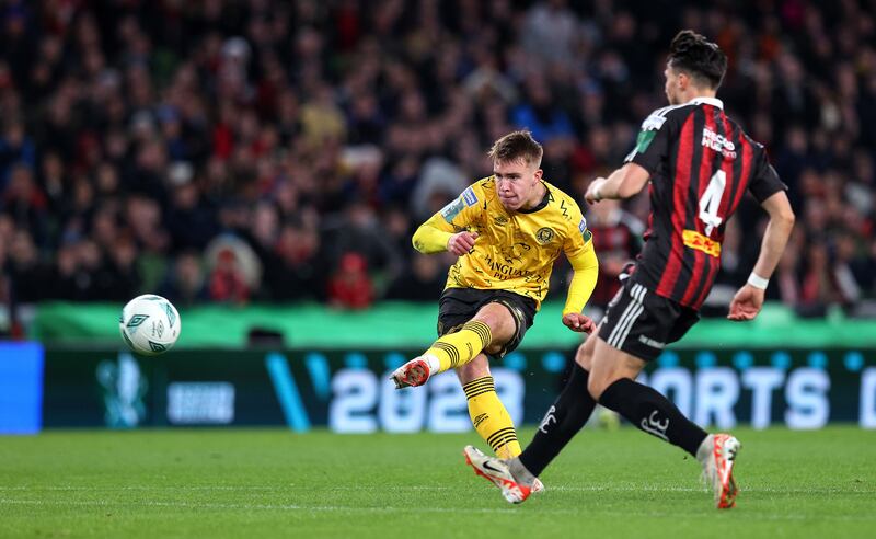 Tommy Lonergan scores the third goal for St Patrick's Athletic. Photograph: Ryan Byrne/Inpho
