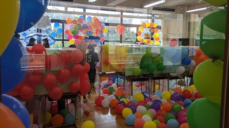 A classroom full of balloons at one of the senior high schools Daniel Mulcahy works in in Kyoto  - Municipal Hiyoshigaoka High School in Higashiyama Ward