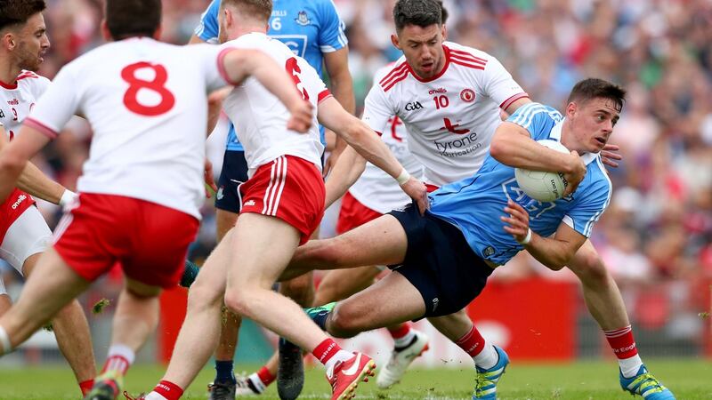 Brian Howard of Dublin in possession during the All-Ireland SFC quarter-final Super 8s game against Tyrone at Healy Park in Omagh.