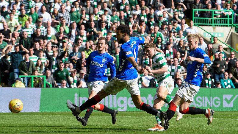 James Forrest scores Celtic’s winner against Rangers. Photograph: Ian Rutherford/PA
