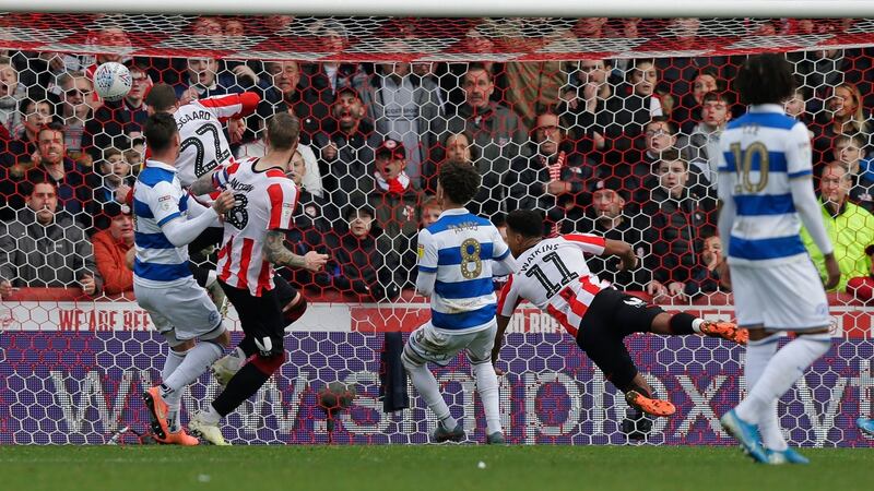 Ollie Watkins scores for Brentford in their 3-1 win over QPR. Photograph: Henry Browne/Getty