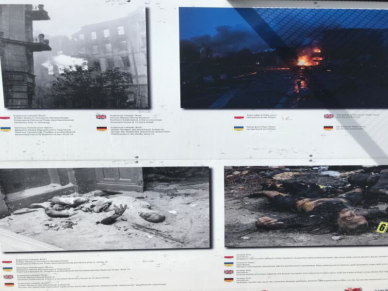 An open-air war display in St Michael's Square, Kyiv.