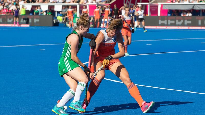 Ireland’s Emily Beatty in action against Caia van Maasakker of the Netherlands during the   Hockey Women’s World Cup Final at  Lee Valley Stadium in London. Photograph: Morgan Treacy/Inpho