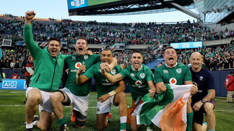 Ireland’s Billy Holland, Donnacha Ryan, Simon Zebo, Conor Murray and CJ Stander celebrate beating New Zealand in Chicago last year. Photo: Dan Sheridan/Inpho