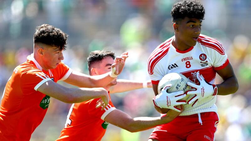 Callum Browne in action for Derry against Armagh’s Barry McCambridge and Declan Loye in the 2018 Ulster U20 Championship Final in Clones. Photograph: James Crombie/Inpho