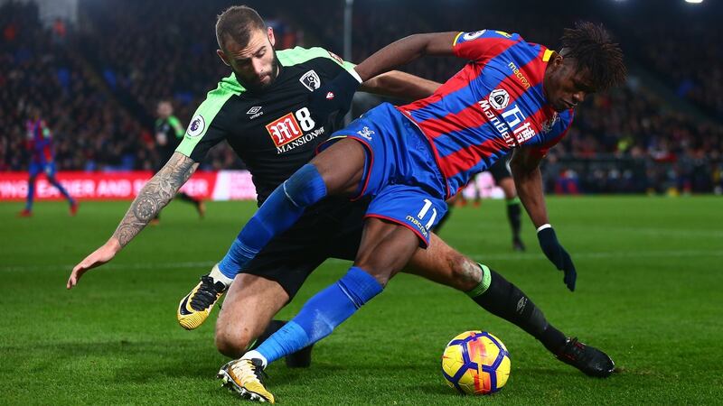 Wilfried Bony is tackled by Steve Cook during Crystal Palace’s draw with Bournemouth. Photograph: Jordan Mansfield/Getty