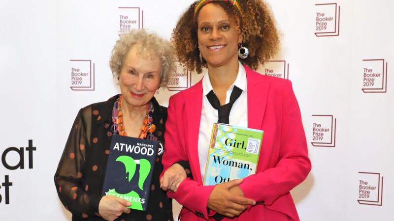 Joint Booker winners Margaret Atwood and Bernardine Evaristo: “I don’t see it as half a prize. It’s shared and it’s joint, but it’s also mine.” Photograph: David M Benett/Dave Benett/Getty