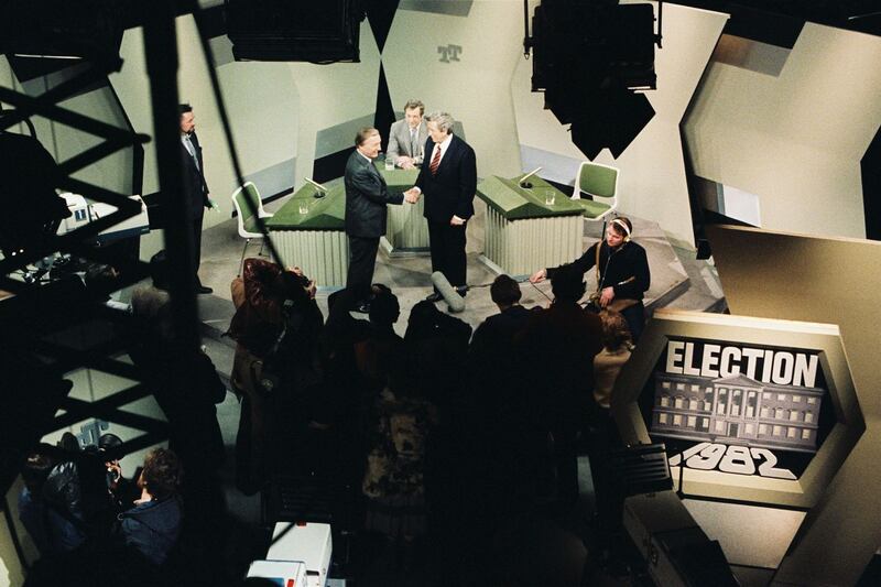 1982: Charles Haughey and taoiseach Garret FitzGerald prior to the first television debate between political party leaders. Photograph: Tom Holton/RTÉ