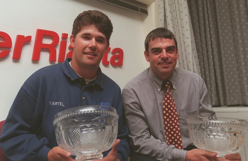 Padraig Harrington and Paul McGinley after winning the golf World Cup at Kiawah Island in 1997. Photograph: Billy Stickland/Inpho
