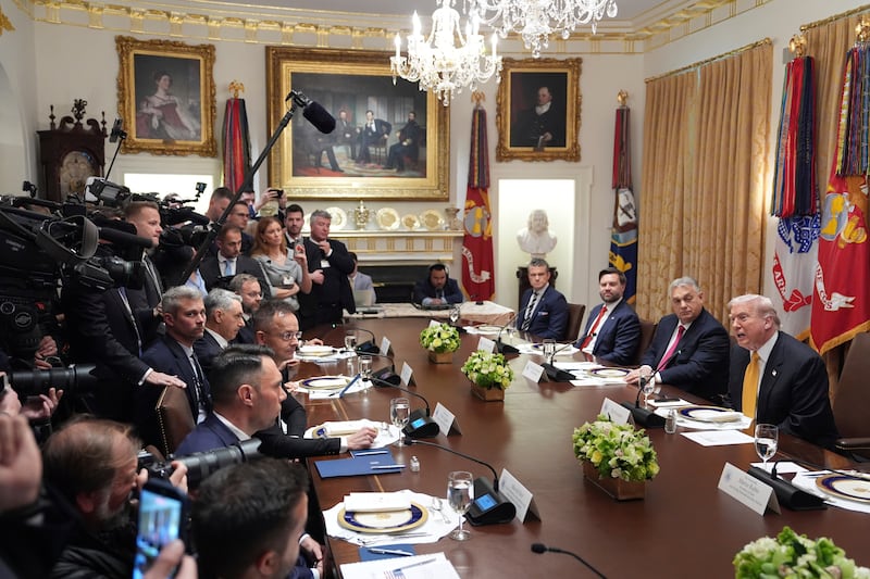 US president Donald Trump speaks to reporters during a meeting with Hungary’s prime minister, Viktor Orban, in the White House. Photograph: Evan Vucci/AP