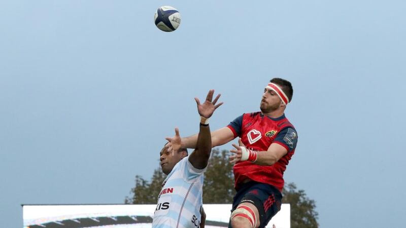 Racing 92’s Fijian lock Leone Nakarawa  and Munster’s South African lock Jean Kleyn compete for the ball in the lineout. Photograph: Paul Faith/AFP