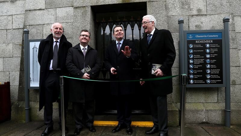 Minister for Finance Paschal Donohoe (second right) along with (from left) Commissioner of the OPW John McMahon, Jeffrey Donaldson, and chairman of the Glasnevin Trust John Green at the reopening of the O’Connell Tower on Friday. Photograph: Brian Lawless/PA Wire