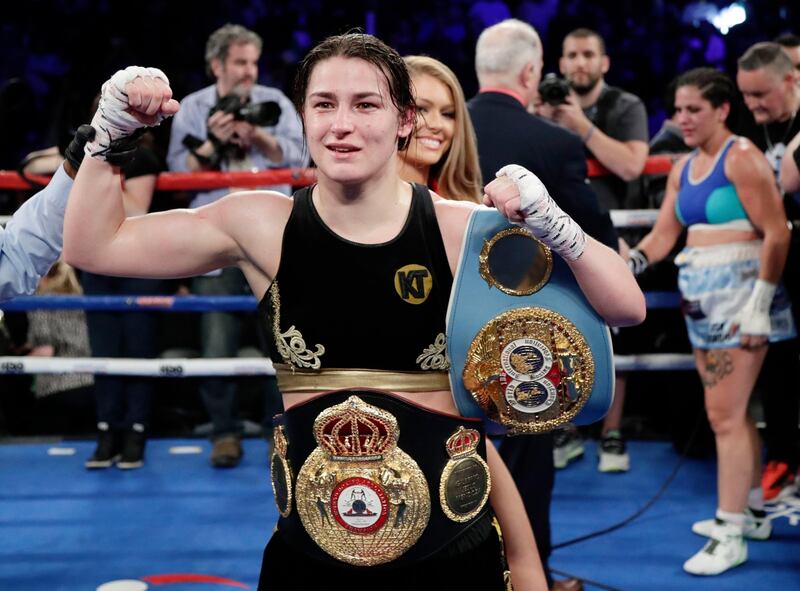 Katie Taylor after winning a women’s lightweight championship match against Victoria Noelia Bustos of Argentina, in New York in April. Photograph: Frank Franklin II/AP Photo