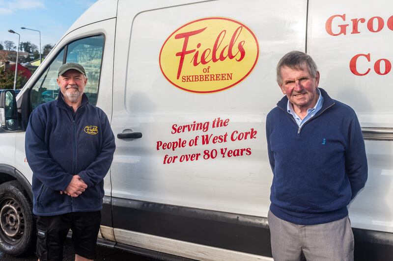 Delivery driver Nicholas Cooper with John Field; Fields of Skibbereen deliver groceries to all over the west Cork region, including its offshore islands, and beyond to Australia, New Zealand and the USA. Photograph: Andy Gibson.