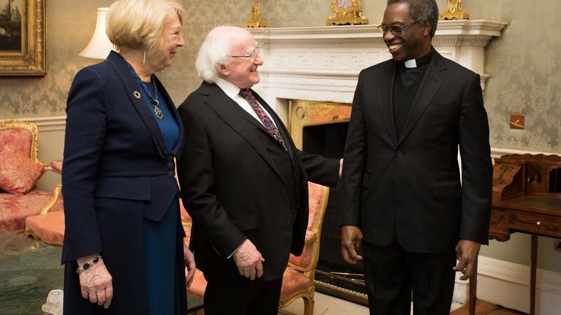 Papal Nuncio to Ireland Archbishop Jude Thaddeus Okolo pictured with President Michael D Higgins, and his wife Sabina. Photograph: Tom Honan