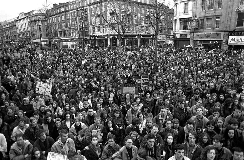 A protest rally on February 22nd, 1992 for the X Case at the General Post Office, O’Connell Street, Dublin, supporting a woman’s right to abortion, abortion information and the right to travel. Photo by Derek Speirs. Photograph: Derek Speirs