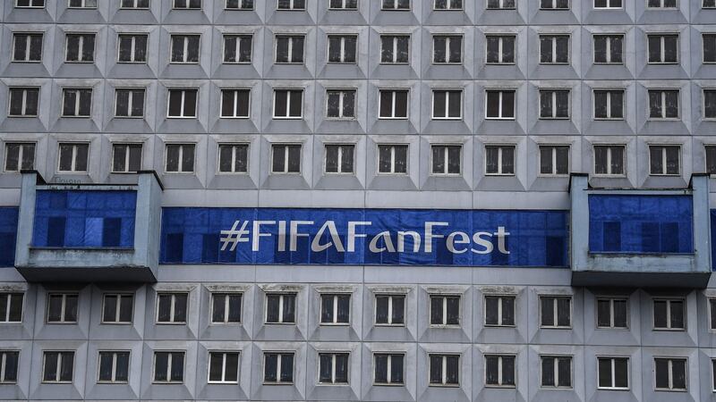 Signage on a building near the Fan Fest zone in Kaliningrad. Photograph: Ozan Kose/AFP/Getty Images