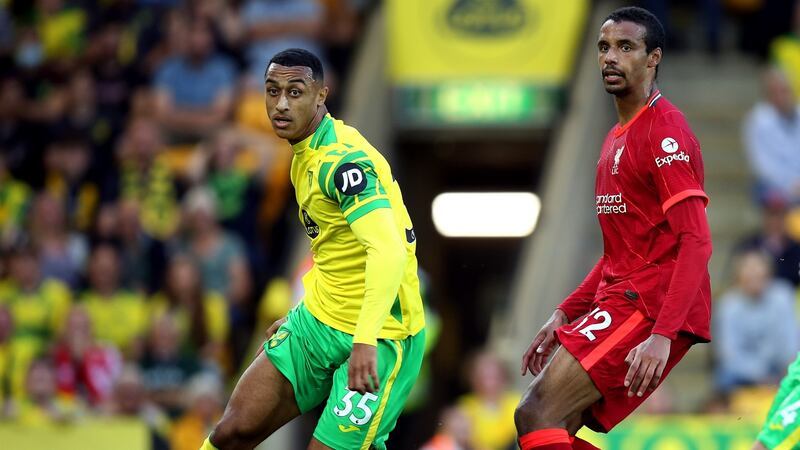 Adam Idah of Norwich City in Premier League action against  Joel Matip of Liverpool on August 14th.   Photograph: Mark Leech/Offside via Getty Images