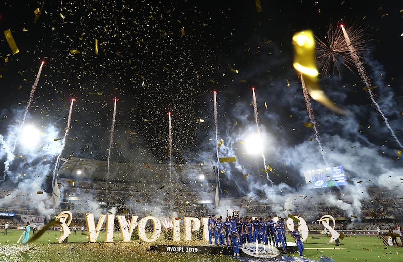 The Mumbai Indians celebrate after defeating the Chennai Super Kings in the Indian Premier League final in 2019. Photograph: Robert Cianflone/Getty Images