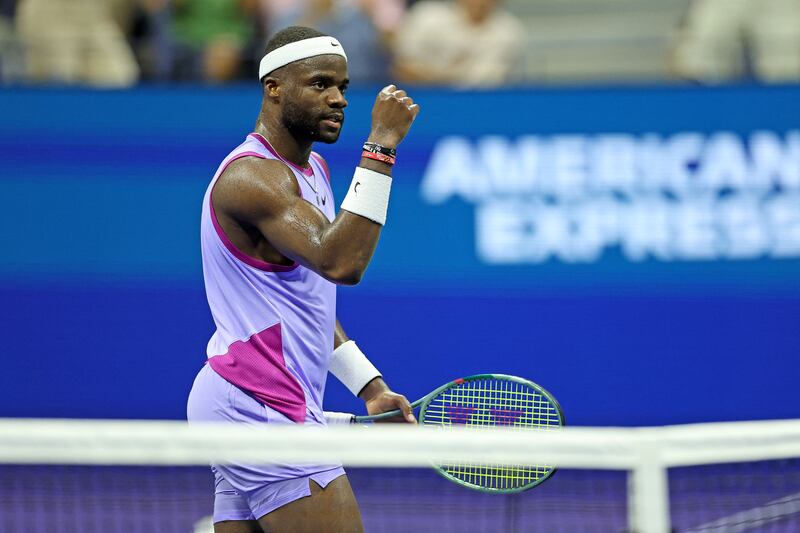 USA's Frances Tiafoe celebrates after a point won against Australia's Alexei Popyrin during their men's singles round of 16 tennis match on day seven of the US Open. Photograph: Charly Triballeau/AFP via Getty