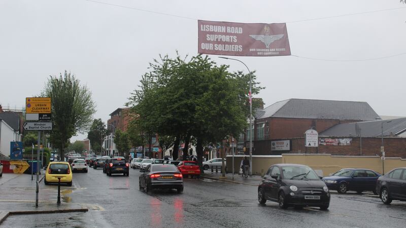 Photograph of the contentious ‘Soldier F’ banner over the Lisburn Road in Belfast. Photograph: Simon Carswell