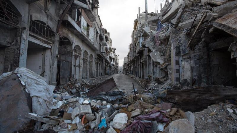 This destruction extends for blocks and blocks in the areas of Homs that were held by the Syrian opposition. Photograph: Sally Hayden