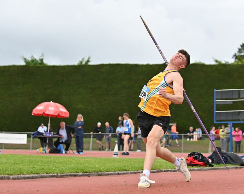 Oisin Joyce in the under-19 javelin during the National Juvenile Track and Field Championships in Tullamore, Co Offaly, in July 2023. Photograph: Stephen Marken/Sportsfile 