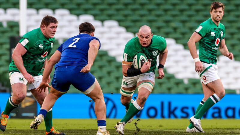 Rhys Ruddock carries during Ireland’s narrow defeat to France in Dublin. Photograph: Billy Stickland/Inpho