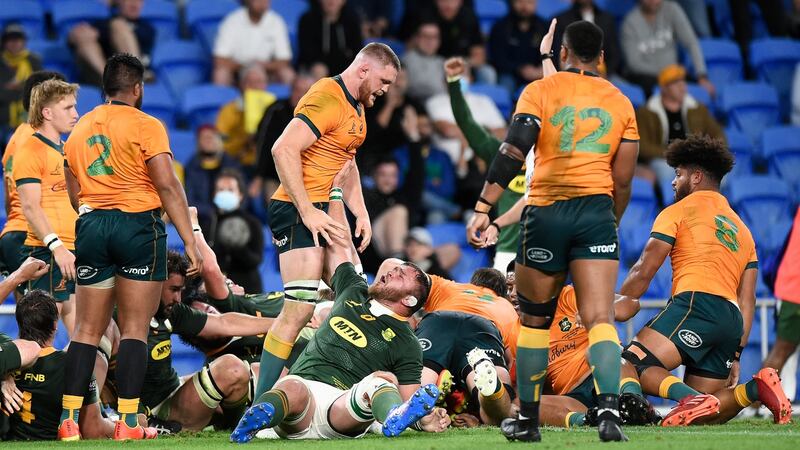 Lachlan Swinton of Australia has words with South Africa’s Duane Vermeulen during the Rugby Championship match s at Cbus Super Stadium in Gold Coast last weekend. Photograph: Matt Roberts/Getty Images