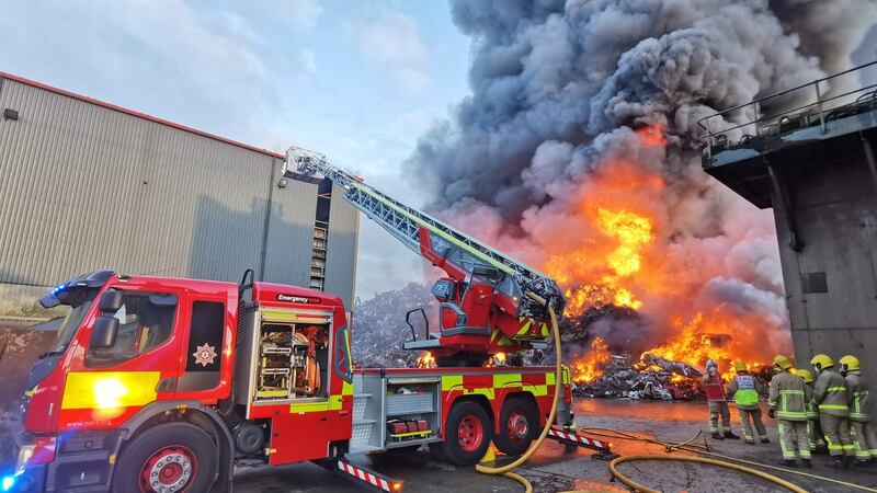 Crews at the scene of fire on East Twin Road in Belfast. Photograph: Northern Ireland Fire and Rescue Service/Twitter