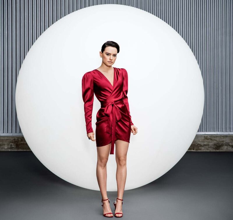 Daisy Ridley wears Rhea Costa dress, Giuseppe Zanotti shoes, Sara Weinstock ear-rings, Anita Ko ear cuff and Misho ring. Photograph: Dylan Coulter/Guardian