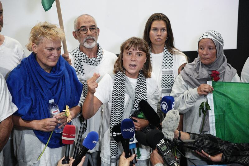 Tara Reynor O'Grady (left), Greta Thunberg (centre) and other participants of the Global Sumud Flotilla in Athens. Photograph: Menelaos Myrillas/SOOC/AFP/Getty 