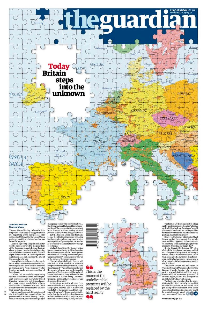 The Guardian’s front page – parts of Ireland included in jigsaw map of UK after Brexit