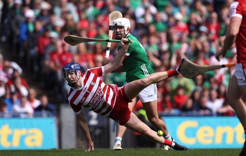 Cork's Patrick Collins saves a goal-bound shot from Aaron Gillane of Limerick during the semi-final. Photograph: Bryan Keane/Inpho 