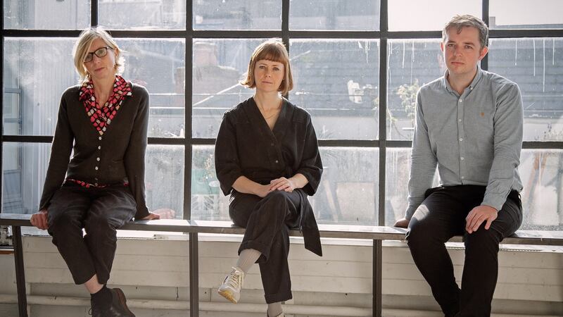 From left, Clíodhna Shaffrey, director, Niamh O’Malley, artist,  and Michael Hill, curator. Photograph: Dragona Jurisc, courtesy of Temple Bar Gallery + Studios