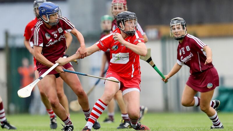 Cork’s Gemma O’Connor with Galway’s Niamh Kilkenny and Aoife Donohue. Photograph: Oisin Keniry/Inpho