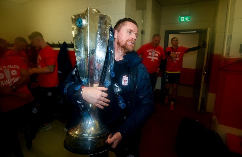 Damien Duff with the SSE Airtricity Premier Division trophy after his Shelbourne team clinched the 2024 title against Derry City at the Brandywell. Photograph: Stephen McCarthy/Sportsfile