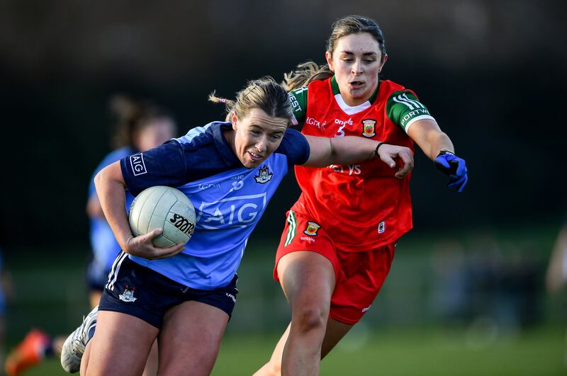 Dublin's Sinéad Wylde in action against Mayo's Roísín Flynn at DCU St Clare's in Dublin. Photograph: Ray McManus/Sportsfile 