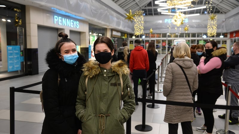 Ilze Kripititie and Grabija Smite  outisde Penneys in Blanchardstown on Tuesday morning. Photograph: Dara Mac Dónaill / The Irish Times