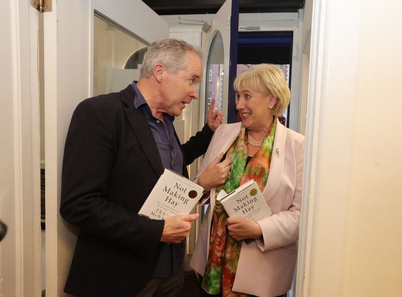 Frank McNally and Heather Humphreys in conversation at the launch of his memoir at Books Upstairs on D’Olier Street, Dublin. Photograph: Alan Betson

