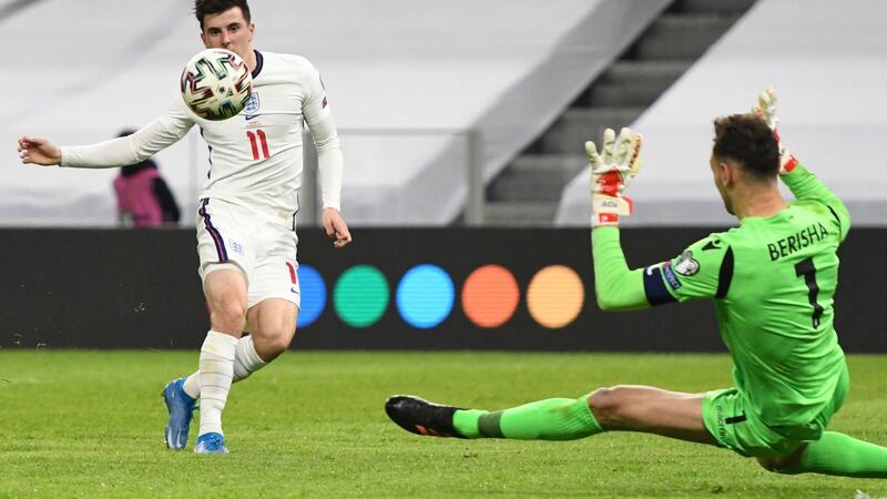 Mason Mount doubles England’s lead in Tirana. Photograph: Gent Shkullaku/Getty/AFP