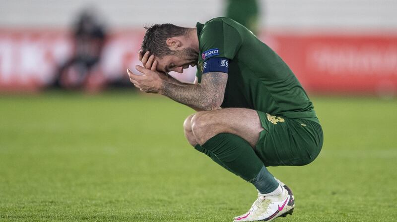 Shane Duffy looks dejected after Ireland’s defeat to Finland in Helsinki. Photograph: Tomi Hänninen/Inpho