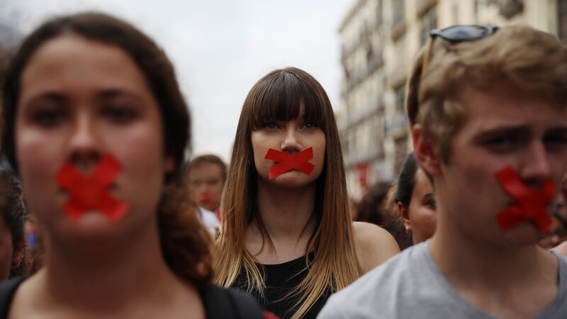 Students held a silent protest in Barcelona on Monday against the violence that marred yesterday’s referendum vote. Photograph:  Dan Kitwood/Getty Images