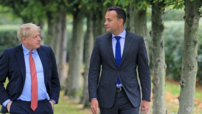British prime minister Boris Johnson with Taoiseach Leo Varadkar at Thornton Manor Hotel, on The Wirral, Cheshire, ahead of private talks on Thursday. Photograph: PA Wire/Government Press Office handout
