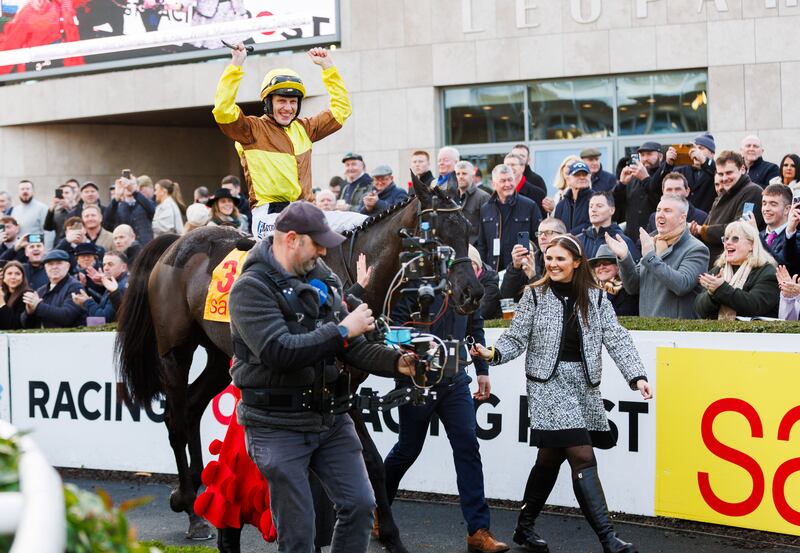 Paul Townend celebrates after winning the Savills Chase with Galopin Des Champs at the 2024 Leopardstown Christmas Festival on December 28th. Photograph: Tom Maher/Inpho