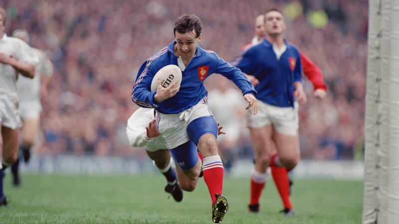 Philippe Saint-André of France about to score a try during the last match of the 1991 Five Nations tournament at Twickenham in March 1991. England won the match 21-19. Photograph: Simon Bruty/Getty Images