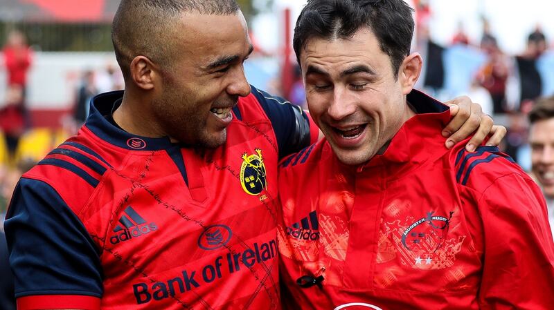 Simon Zebo celebrates with Felix Jones: “He’s a great coach. He knows the game. He’s so fresh out of playing. He only turned to coaching the year after he retired. You don’t really have any excuses with him,” said Zebo. Photograph: Tommy Dickson/Inpho